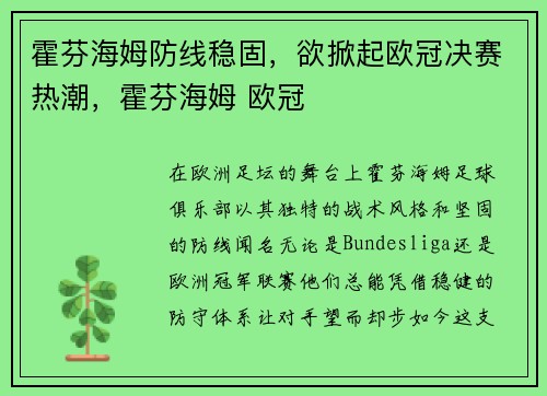 霍芬海姆防线稳固，欲掀起欧冠决赛热潮，霍芬海姆 欧冠